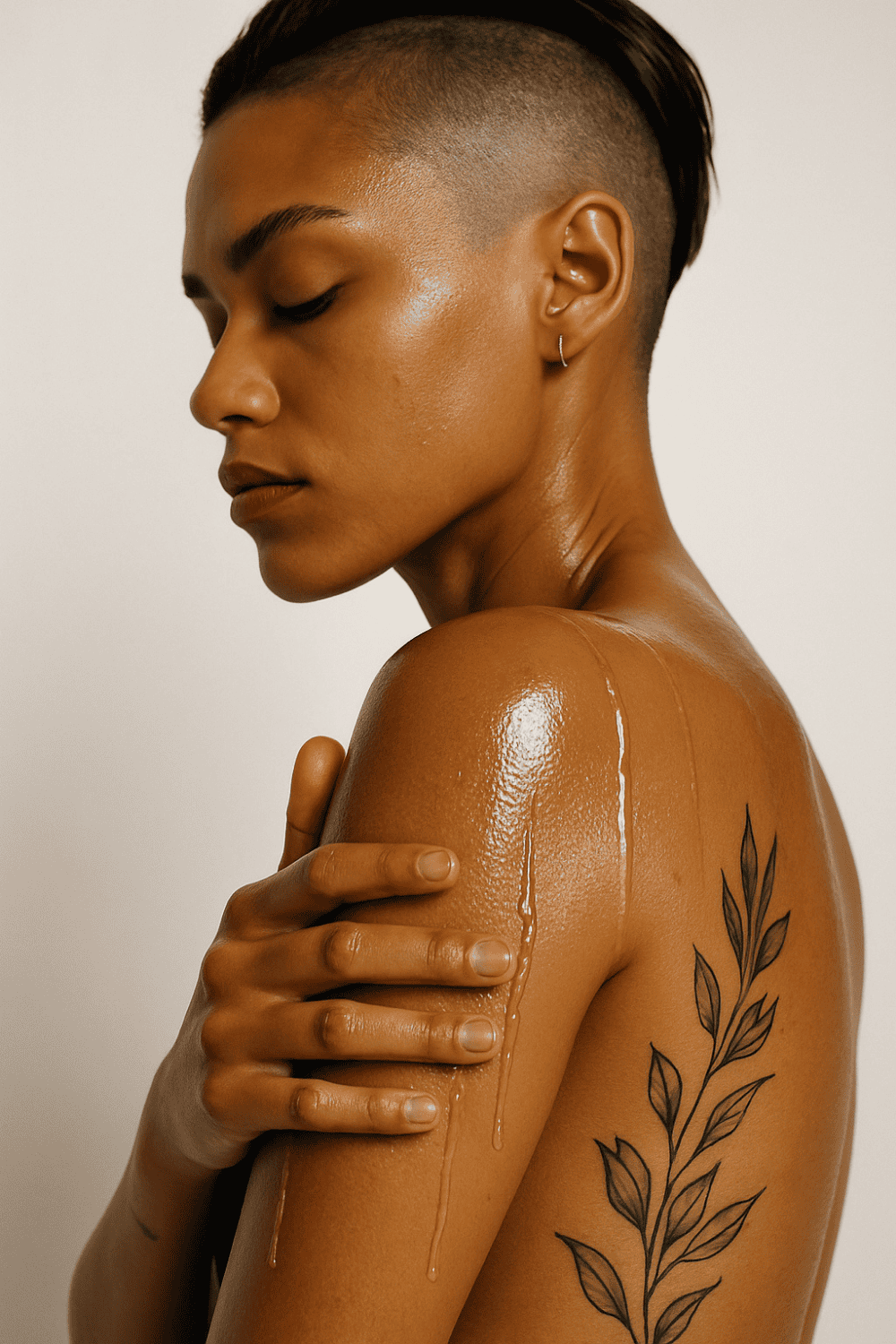 Person with a tattoo on their shoulder against a neutral background with body oil dripping down arm for faq page about how to use body oil