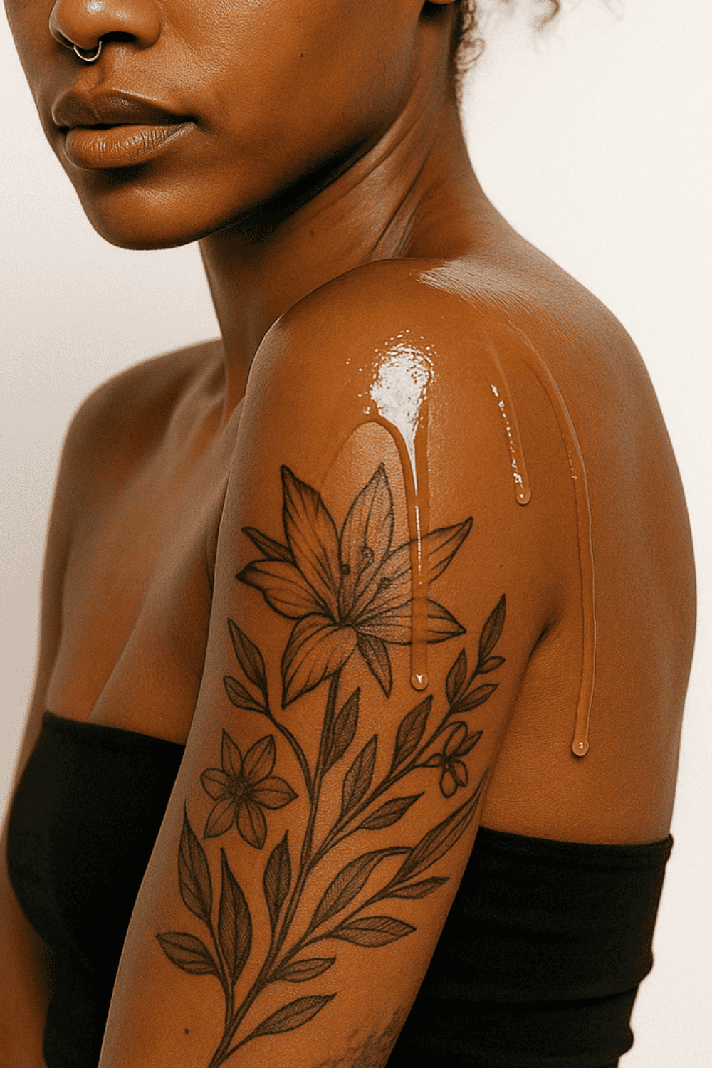 Person with a floral tattoo on their arm against a neutral background with oil running down shoulder